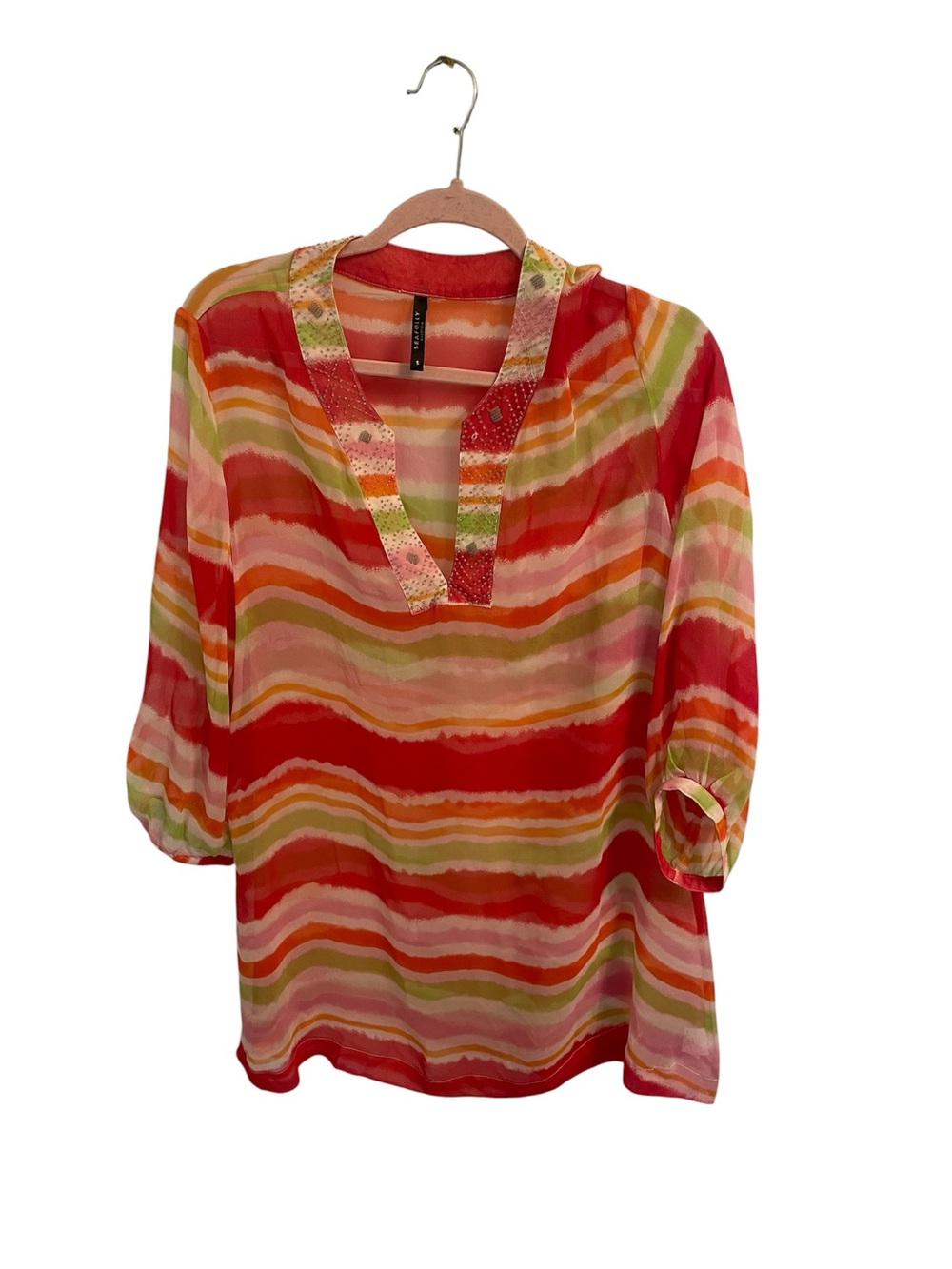 Seafolly Multi-Color Striped V-Neck Swim Coverup - Red, Pink & Green